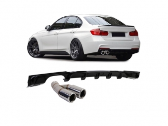 DIFUSOR TRASEIRO EM PRETO BRILHO PARA BMW SÉRIE 3 F30/F31 + PONTEIRA DE ESCAPE CROMADA